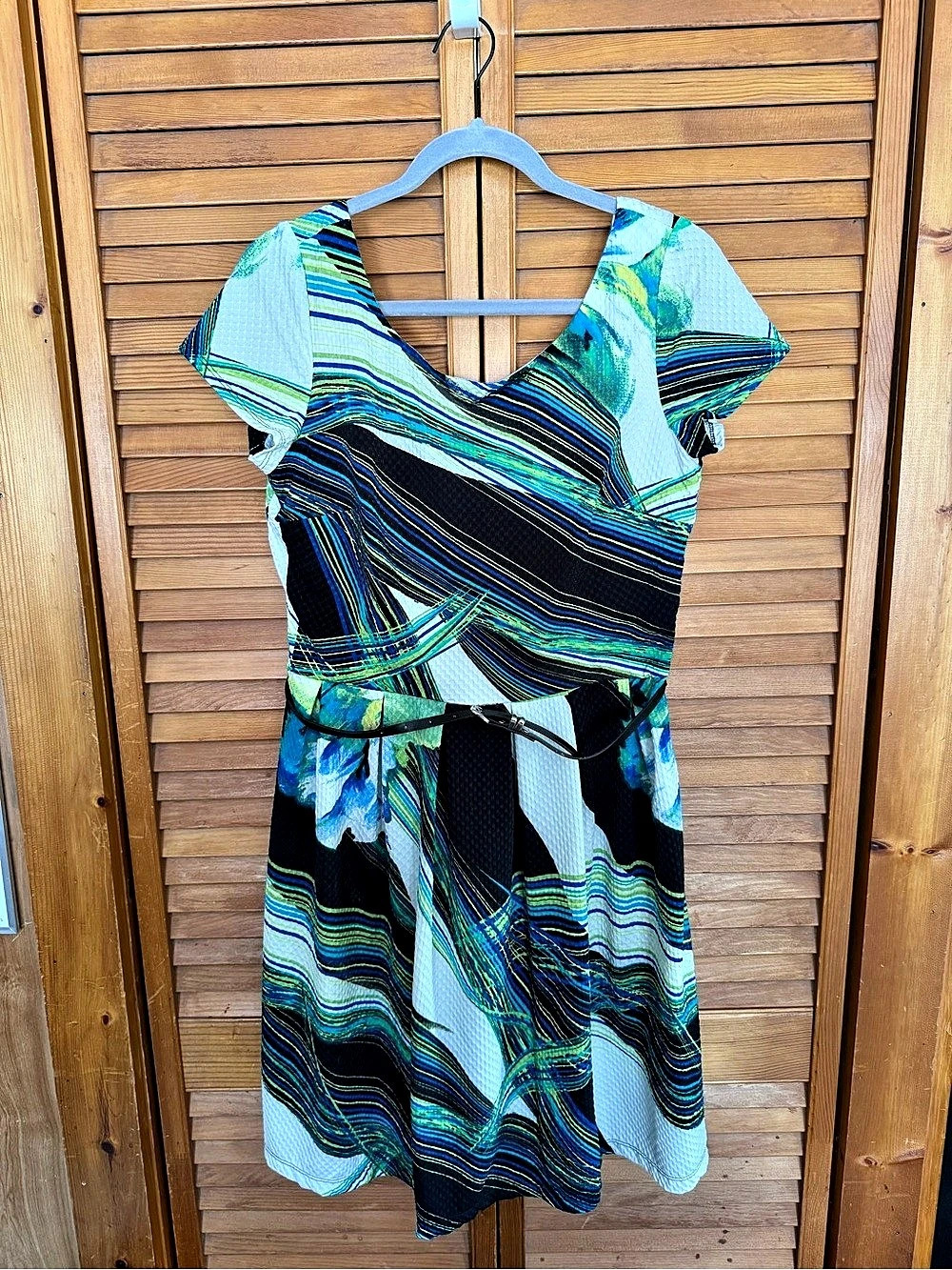 Dress Barn Abstract Print Midi Dress Blue & Black Size 10 Like New